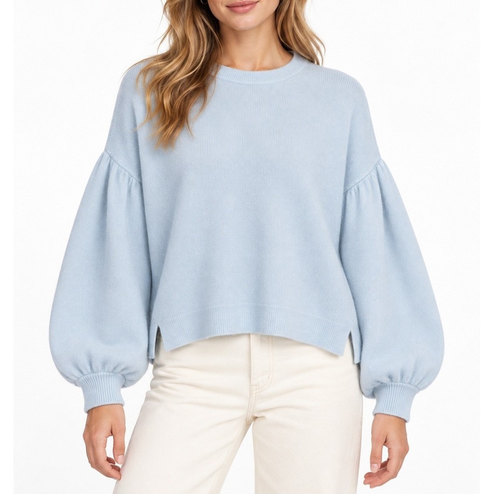 White + Warren Cashmere Sweater Women M Light Blue Puff Balloon Sleeve Oversized